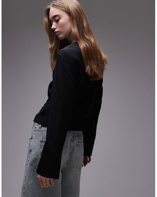 TOPSHOP Gray Round Neck Collarless Blazer
