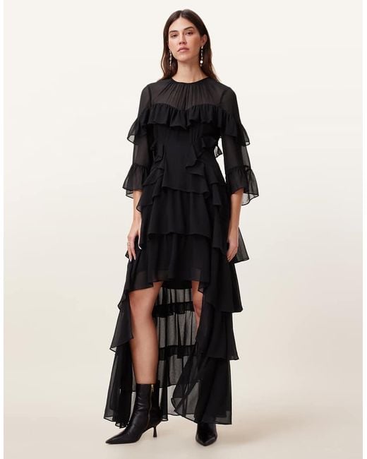 AllSaints Black Nat Ruffled High Low Maxi Dress