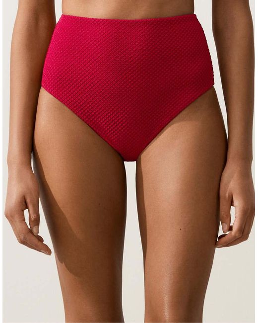 Oysho Red Waffle Textu High-waisted Bikini Briefs