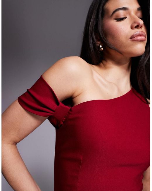 Vesper Red Bengaline One Shoulder Knot Detail Maxi Bodycon Dress