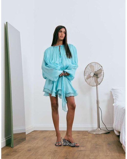 Lioness Blue Exclusive Elements High Sheen Chiffon Drape Detail Balloon Sleeve Tie Waist Mini Dress
