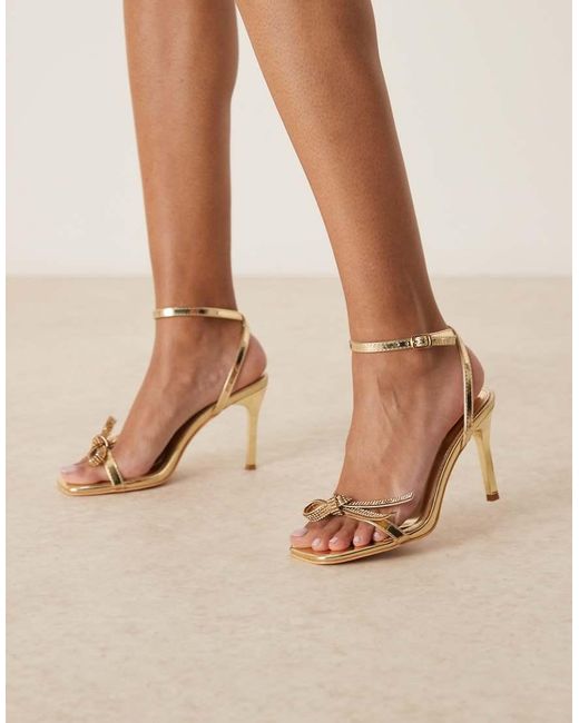 Glamorous Natural Stiletto Heeled Sandals With Embellished Bow