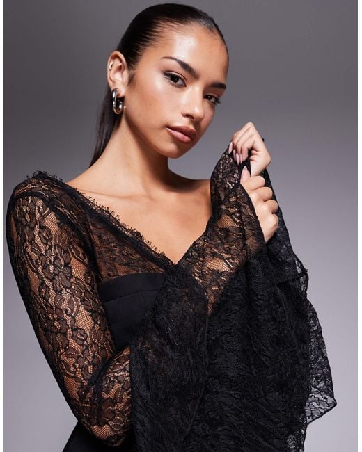ASOS Black Corset Detail Jumpsuit With Lace Ruffle Sleeves