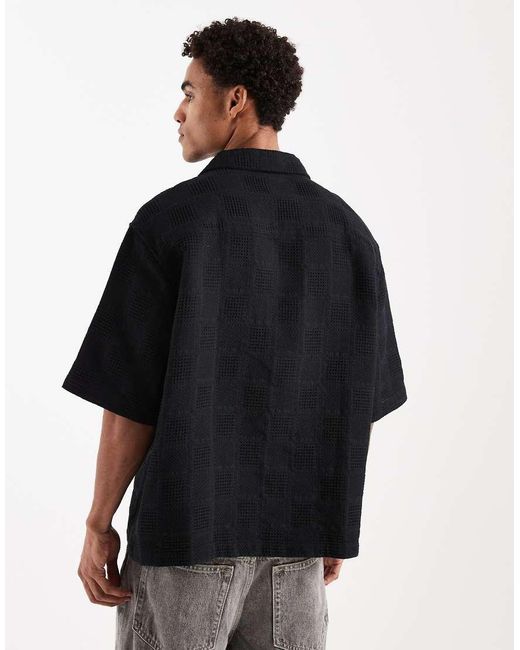 ASOS Black Oversized Half Sleeve Revere Grid Textured Shirt for men