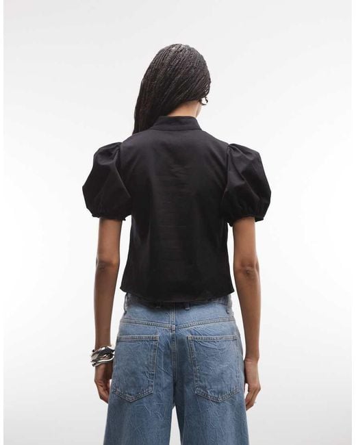 ASOS Black Puff Sleeve Cut Out Mandarin Top