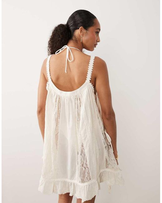 Miss Selfridge Natural Beach Tie Side Lace Embroidered Mini Dress