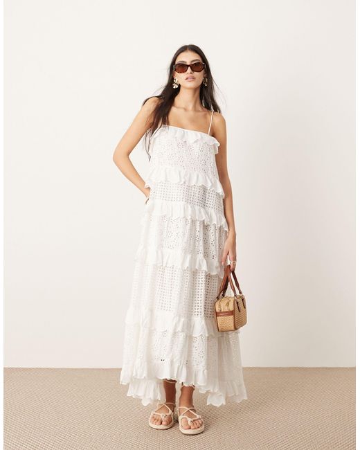 ASOS Natural Strappy Broderie Trapeze Tiered Maxi Dress