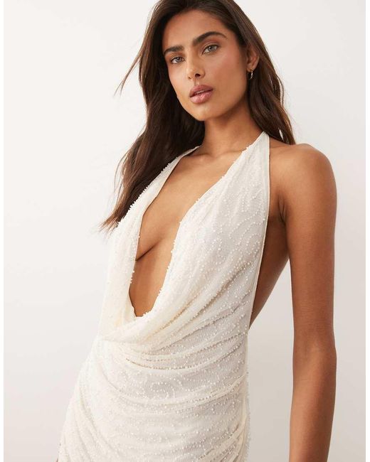 South Beach Natural Halterneck Knit Mini Dress With Pearl Detail