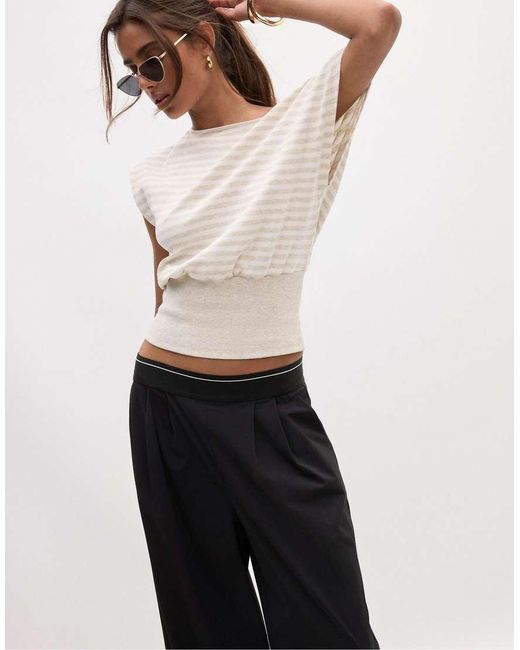 Stradivarius White Fitted Striped Boat Neck T-shirt