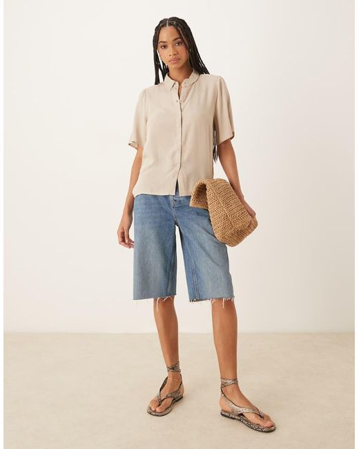 Vila Blue Linen Touch Flutter Sleeve Shirt