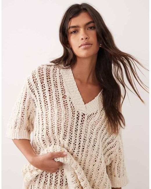 ARRANGE Natural Crochet Collared Top