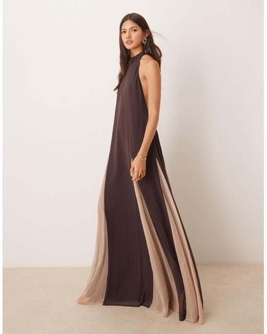 ASOS Brown High Neck Chiffon Maxi Dress With Contrast Godet Skirt