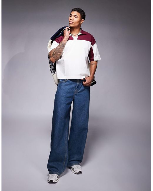 Polo texturé coupe carrée oversize à épaules tombantes - crème et bordeaux ASOS pour homme en coloris White