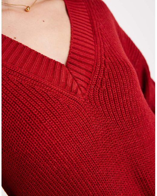 Brave Soul Red Deep V Neck Fisherman Knit Jumper
