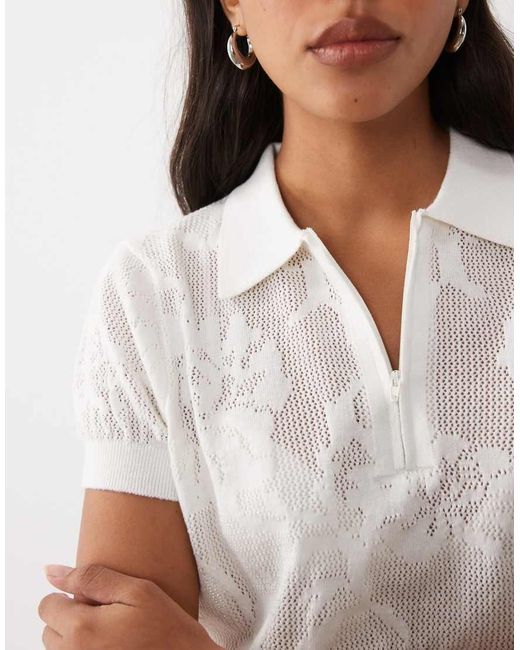 ASOS White Floral Open Knit Short Sleeve Zip Polo