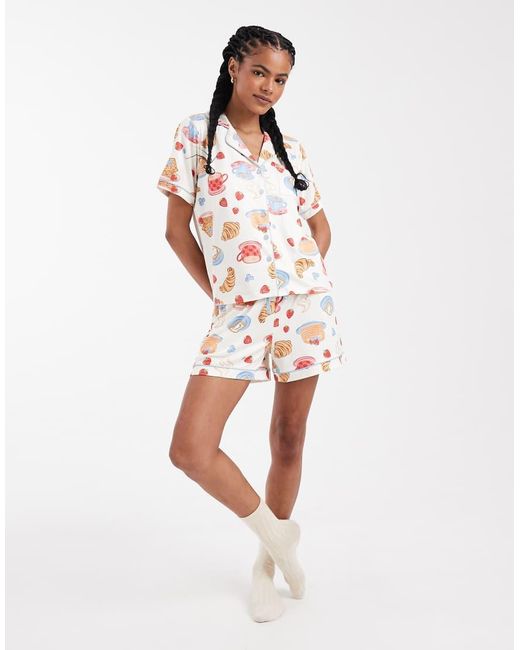 Threadbare White Button Down Super Soft Short Pyjama Set With Croissant Print