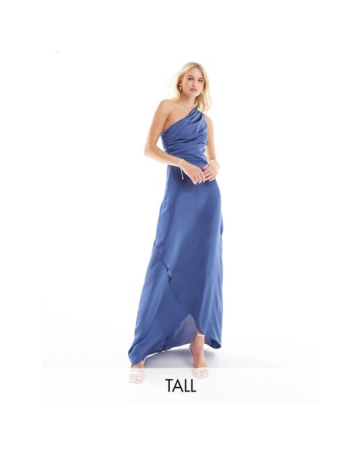 TFNC London Blue Bridesmaid Satin One Shoulder Maxi Dress With Wrap Skirt