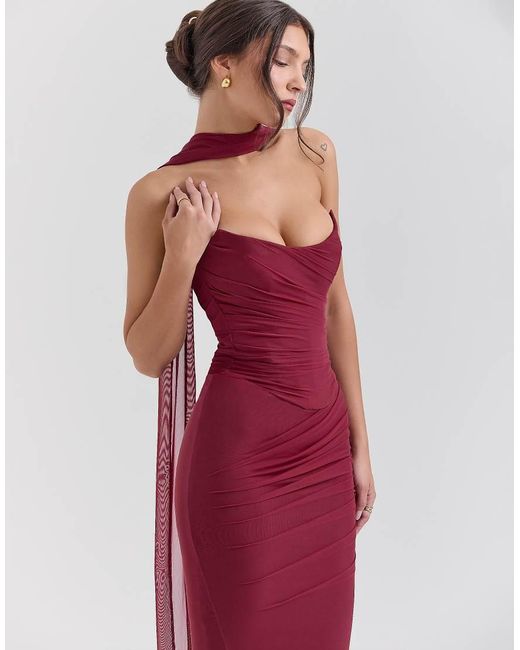 House Of Cb Red Hallie Strapless Corset With Neck Scarf