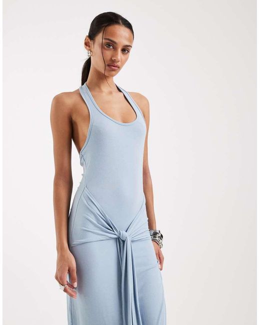 4th & Reckless Blue Soft Jersey Scoop Neck Halterneck Drape Tie Front Maxi Dress