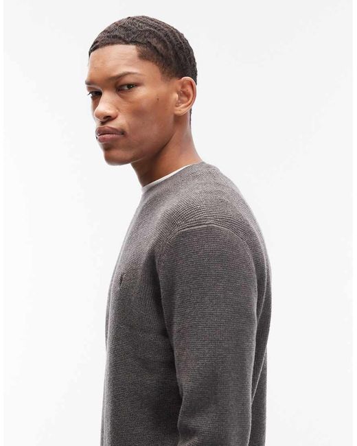 AllSaints Gray Waffle Knit Crew Neck Logo Jumper for men