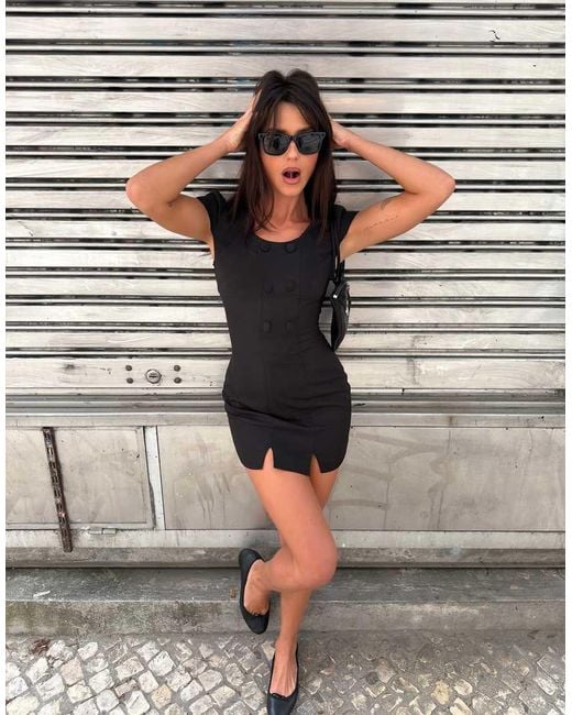 Lioness Black Rosa Placket Detail Cap Sleeve Tailored Mini Dress