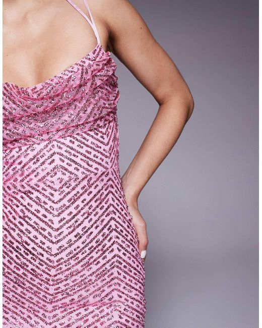 Oh Polly Women's Pink Glitter Embellished Cowl Neck Cut Out Back Maxi Dress