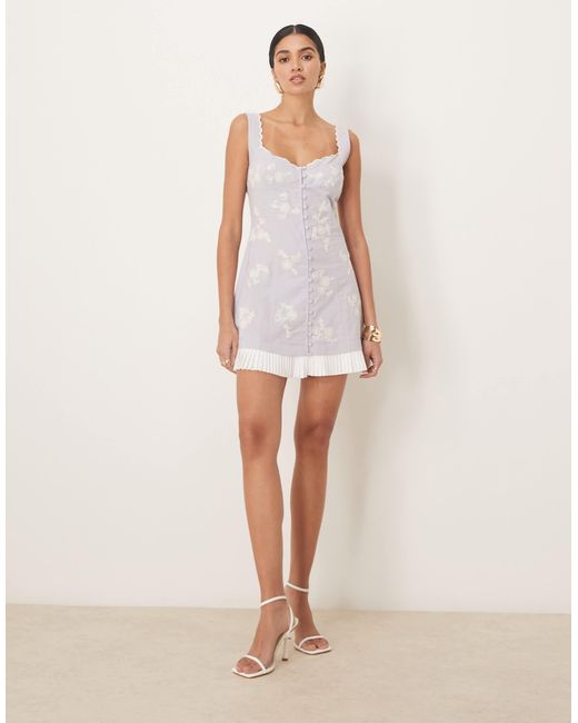 ASOS Scalloped Button Down Mini Dress With Pleated Hem And Floral Embroidery  in Purple | Lyst