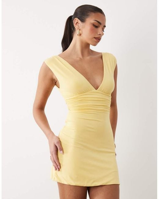 Oh Polly Yellow Modal Plunging V-neck Sleeveless Mini Dress