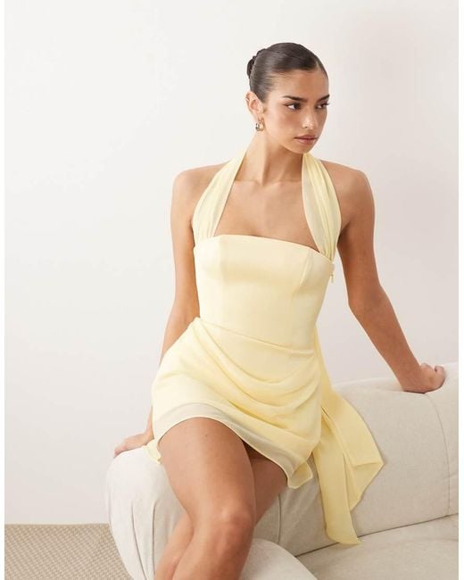 Oh Polly Natural Bonded Satin Halter Neck Corset Chiffon Skirt Mini Dress