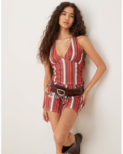 ASOS Red Textu Stripe Halter Top Co Ord