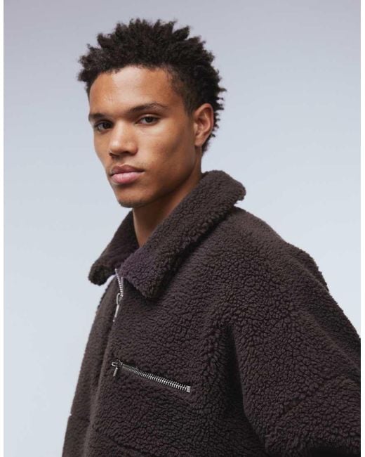 ASOS Black Extreme Oversized Boxy Quarter Zip Borg Sweatshirt With Drop Shoulder And Collar for men