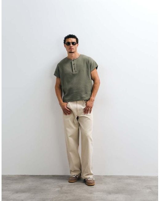 ASOS Green Boxy Oversized T-Shirt With Henley And Cap Sleeve for men