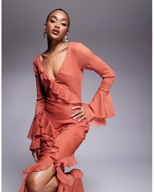 ASOS Asos Design Tall V Neck Long Sleeve Ruffle Maxi Dress With Cut Out Back in Red | Lyst ASOS Asos Design Tall V Neck Long Sleeve Ruffle Maxi Dress With Cut Out Back in Red | Lyst