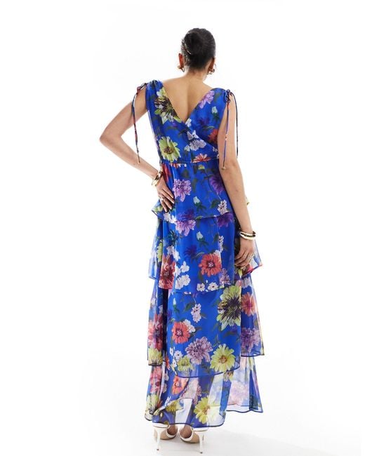 Hope & Ivy Blue Tie Shoulder Maxi Dress With Tiered Skirt