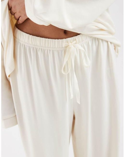 Loungeable Petite White Super Soft Jersey Camp Collar Top And Wide Leg Pants Pajama Set