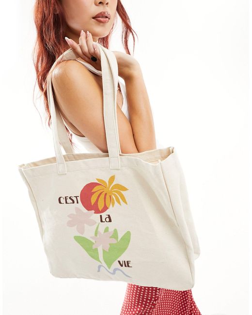 ASOS White Canvas Tote Bag With Cest La Vie Print