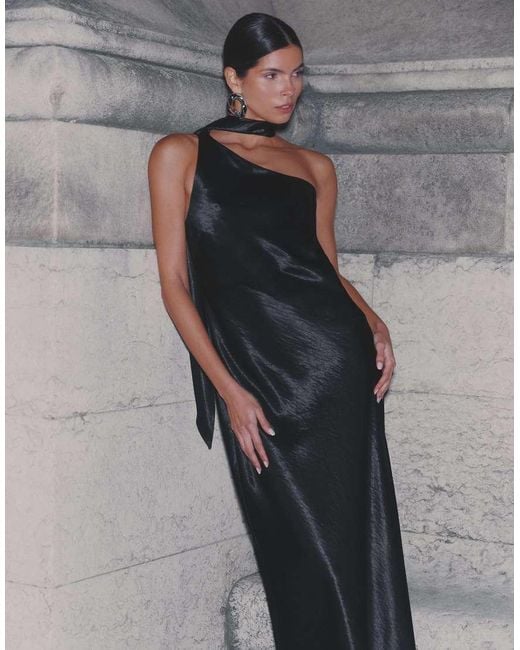 4th & Reckless Gray Satin One Shoulder Drape Scarf Detail Maxi Dress