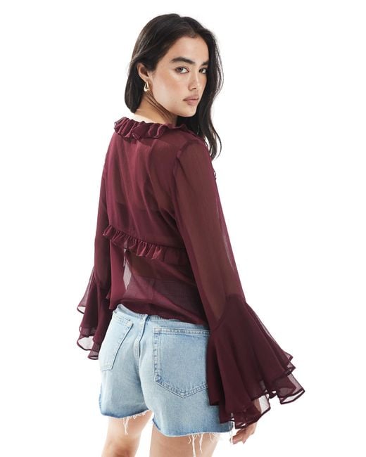 Miss Selfridge Red Tie Front Chiffon Ruffle Blouse