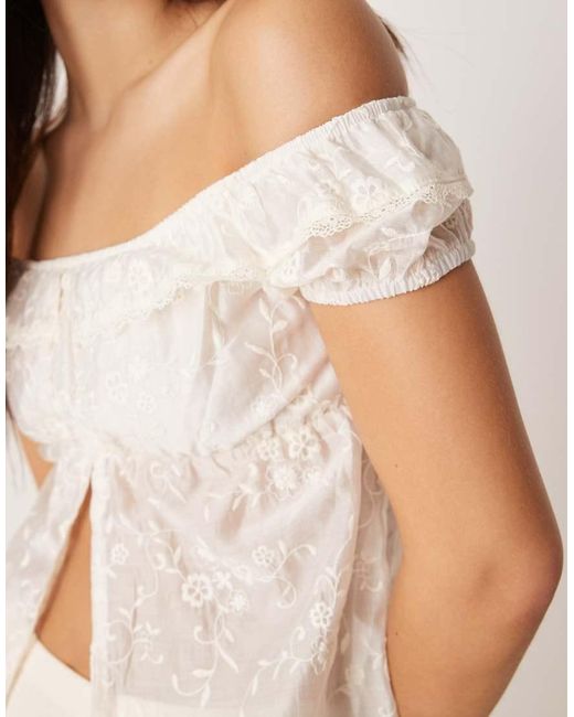 Motel Natural Shogo Flocked Floral Off Shoulder Top