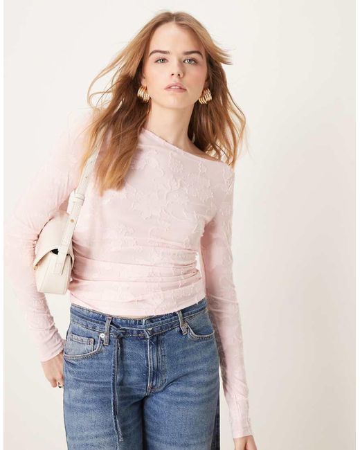 Gina Tricot Pink Jersey Long Sleeve Jacquard Top With Asymmetric Boat Neck