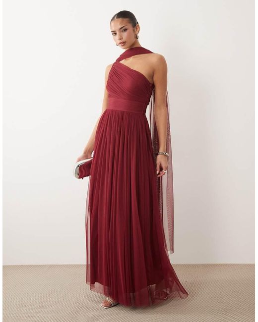 LACE & BEADS Red Bridesmaid Tulle One-shoulder Scarf Neck Fitted Waist Maxi Dress