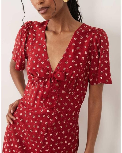 Nobody's Child Red Faith V Neck Flutter Sleeve Midi Dress