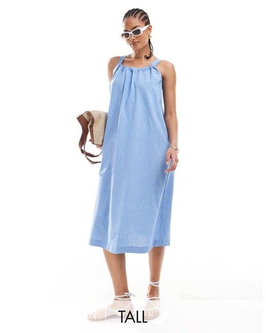 Vero Moda Blue Cotton Ruched Neck Maxi Dress