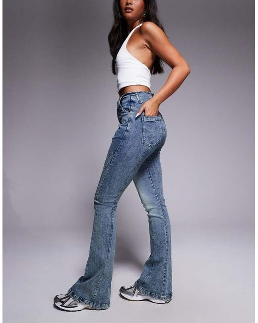 Liquor N Poker Blue Stitch Detail Mid Rise Flare Jeans