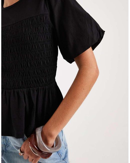 Threadbare Black Jersey Puff Sleeve Peplum Top With Shirring