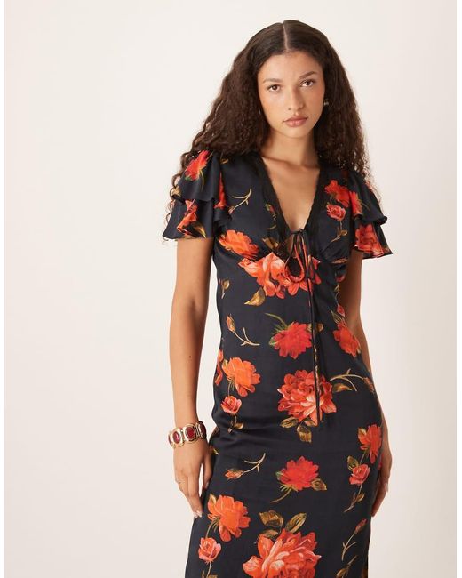 Hope & Ivy Multicolor Satin Lace Trim Flutter Sleeve Midi Dress