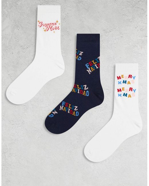 ASOS Blue Christmas 3 Pack Socks With Feliz Navidad Graphic for men