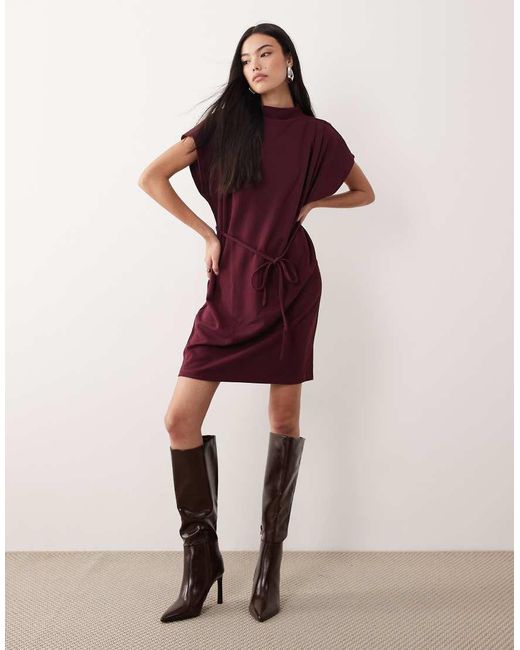 Vila High Neck Tie Waist Mini Dress in Red | Lyst UK
