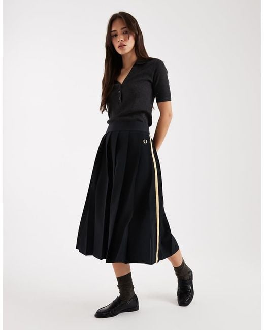 Fred Perry Black Co-Ord Tape Detail Logo Pleated Midi Tennis Skirt
