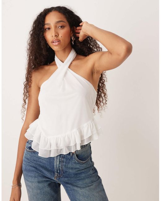 ASOS White Twist Halter Neck Ruffle Top